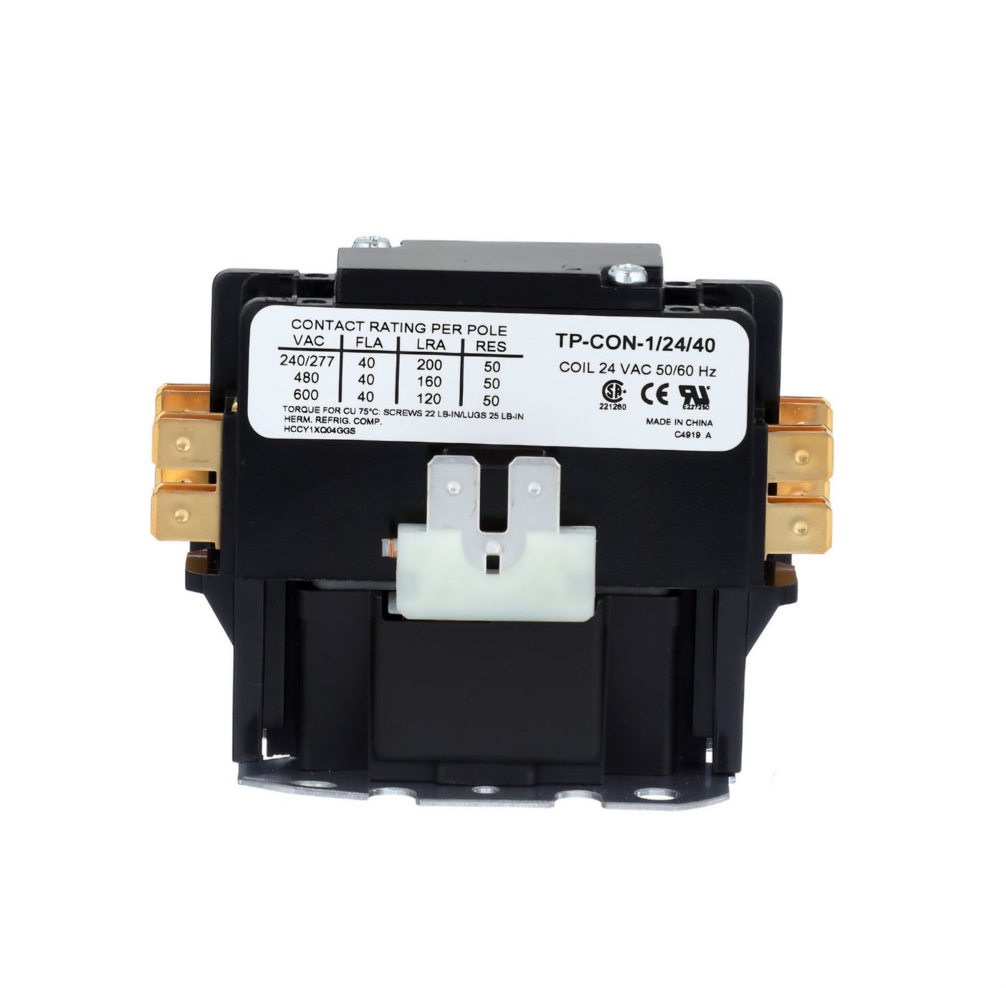 Contactor- 1 Pole, 24 VAC, 40 Amp